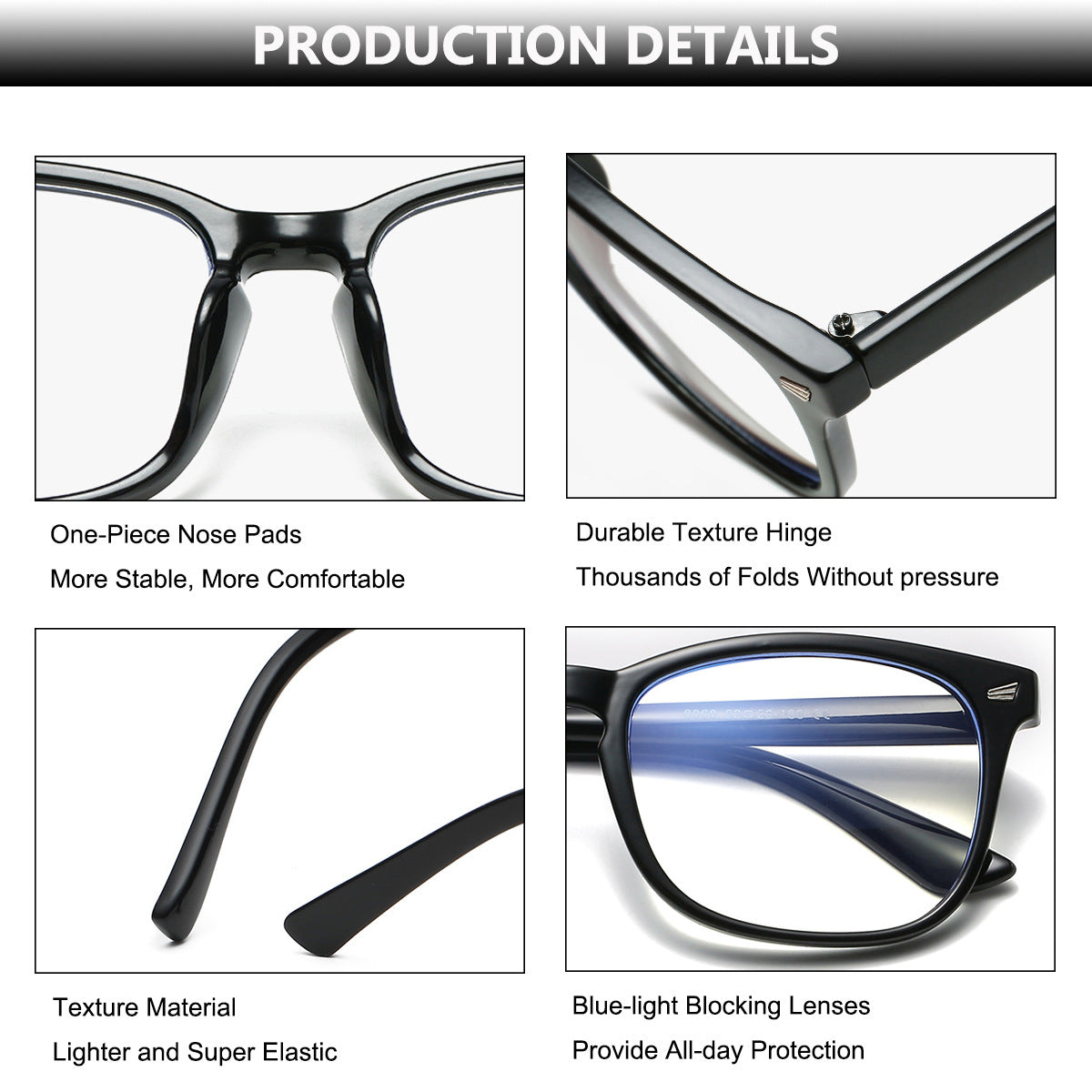 Frame details: nose pads, hinge, flexible arms, lens