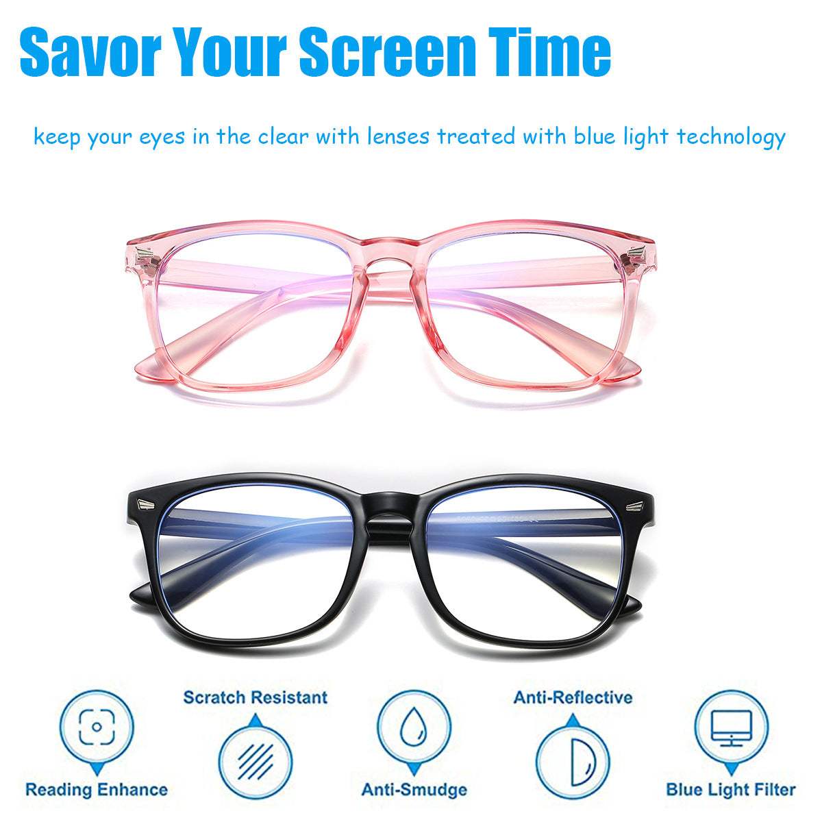 Lens features: anti-glare, scratch resistant, blue light filter
