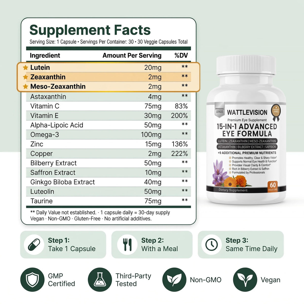 Wattle Vision supplement facts panel: all fifteen ingredients and amounts per serving